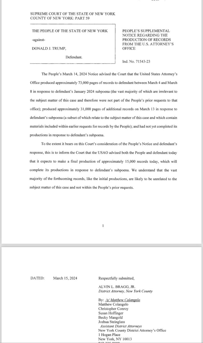 Manhattan DA advises the court DOJ will produce 15,000 documents today as a final production. That sounds like a lot but lawyers use sophisticated software to determine if any of it is relevant. In the initial production the DA concluded fewer than 200 items were relevant.