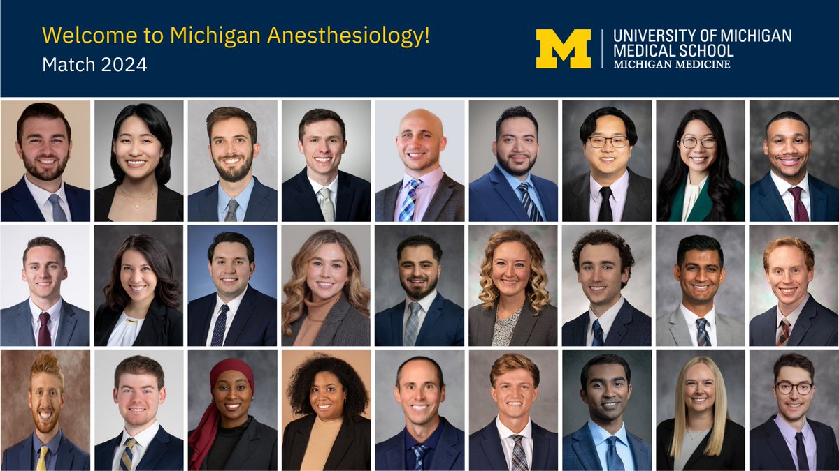 Michigan Anesthesiology (@umichanesthesia) on Twitter photo 💙💛 HAIL to the Class of 2028! 💛💙
Please join us in welcoming our 27 newly matched Michigan Anesthesiology residents. We can't wait to welco〽️e them to <a href="/umichmedicine/">Michigan Medicine</a> in a few short weeks!
Meet our Matches: michmed.org/wrnjW
#UMichAnesMatch #GoBlueMatch #Match2024 💙💛 HAIL to the Class of 2028! 💛💙
Please join us in welcoming our 27 newly matched Michigan Anesthesiology residents. We can't wait to welco〽️e them to <a href="/umichmedicine/">Michigan Medicine</a> in a few short weeks!
Meet our Matches: michmed.org/wrnjW
#UMichAnesMatch #GoBlueMatch #Match2024