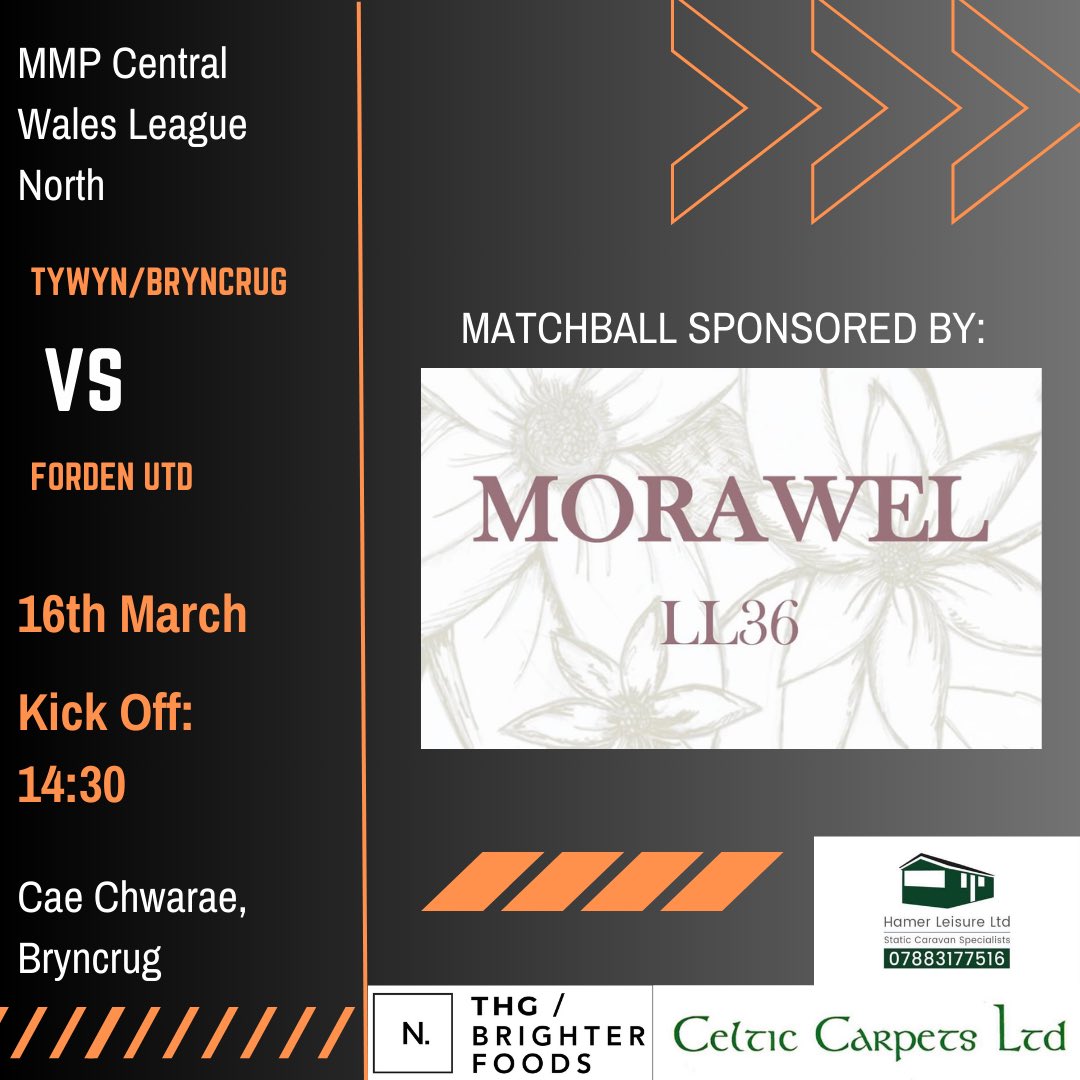 🔶⚽️ Upcoming Fixture ⚽️🔶

🏆 MMP Central Wales League North
🆚  <a href="/FordenUnited/">CPD Forden United</a> 
📆 16th March
⏰ 14:30
📍 Cae Chwarae, Bryncrug 
⚽️ Morawel LL36 
#TBFC