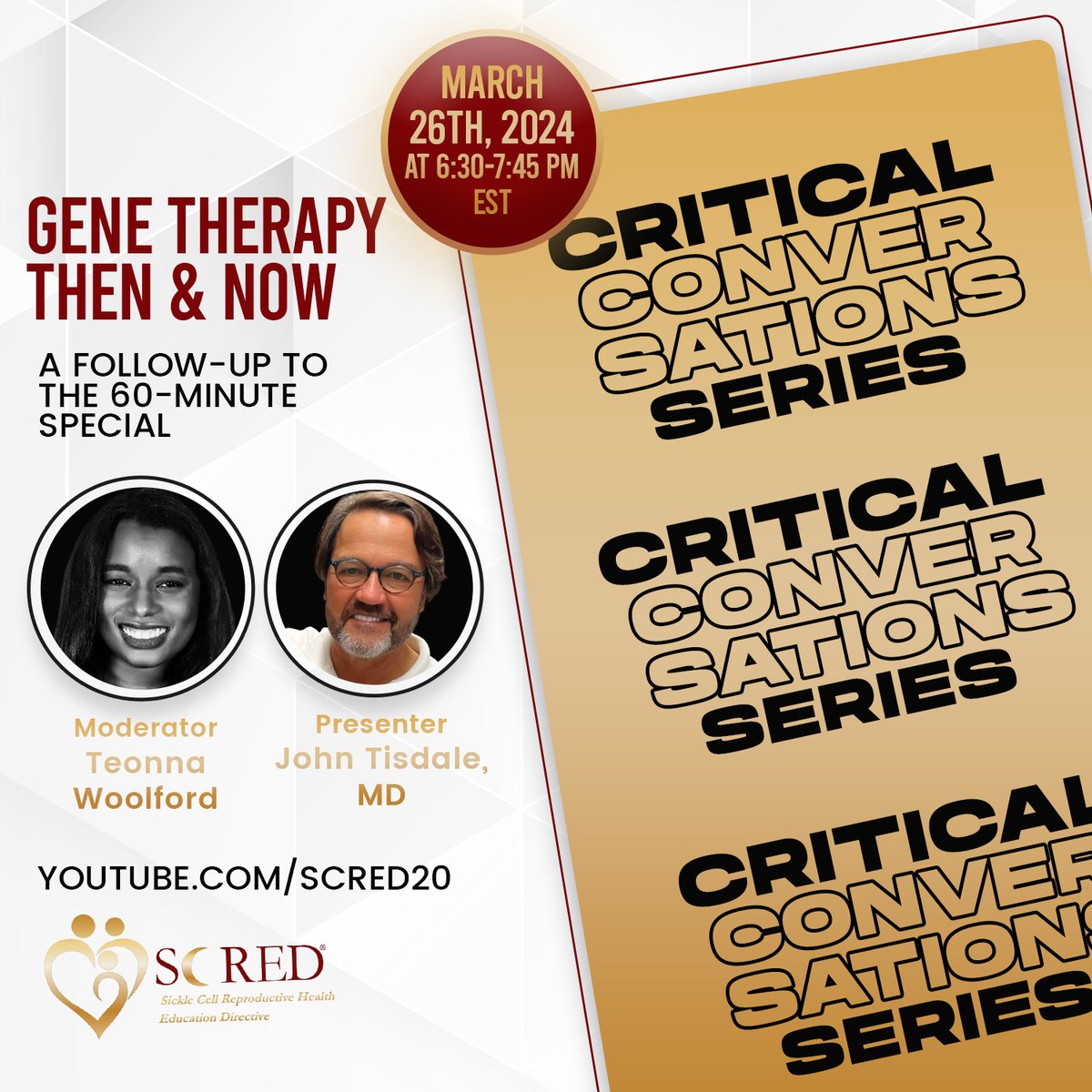 Our Critical Conversations Webinar Series has been incredibly informative. Register to join the next one where we will hear from the man behind the science of gene therapy, Dr. John Tisdale. 
Register here: eventleaf.com/e/gene