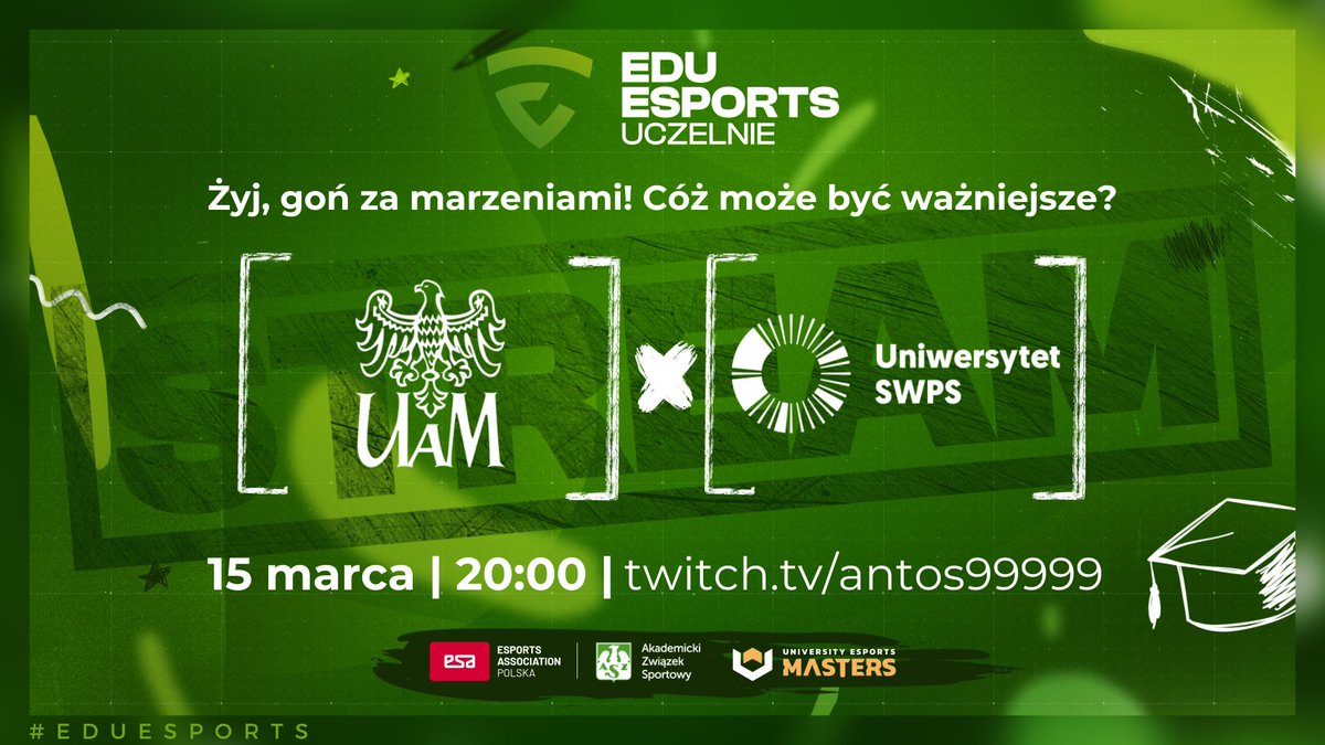 Piątek, piąteczek, piątunio. Przed wyjściem na miasto należy zebrać zapasy energii. Na przykład u nas na streamie! 👀 🕘 20:00 ⚔️ @UAM_Poznan vs @SWPSUniversity 📺 twitch.tv/antos99999 🎙 @Antosss_