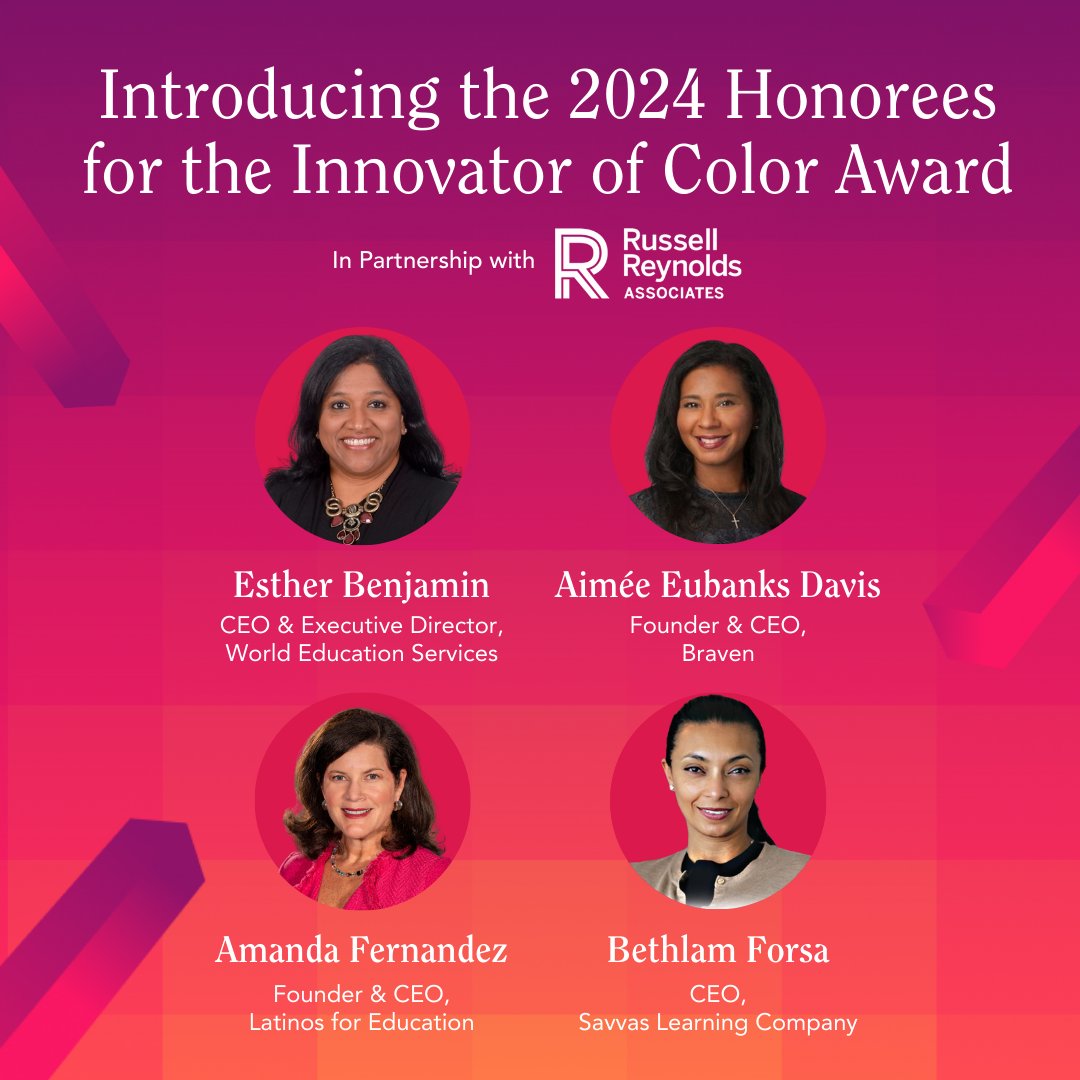 Congratulations to the 2024 Innovator of Color Award Honorees <a href="/EstherTBenjamin/">Esther Benjamin</a>, <a href="/EubanksDavis/">Aimee Eubanks Davis</a>, <a href="/AmanFernan24/">Amanda Fernandez</a>, and <a href="/BethlamForsa/">Bethlam Forsa</a>! 

Meet the 2024 Innovators of Color, presented by <a href="/RRAonLeadership/">Russell Reynolds Associates</a>, and join us at #ASUGSVSummit! comms.asugsvsummit.com/2024-innovator…
