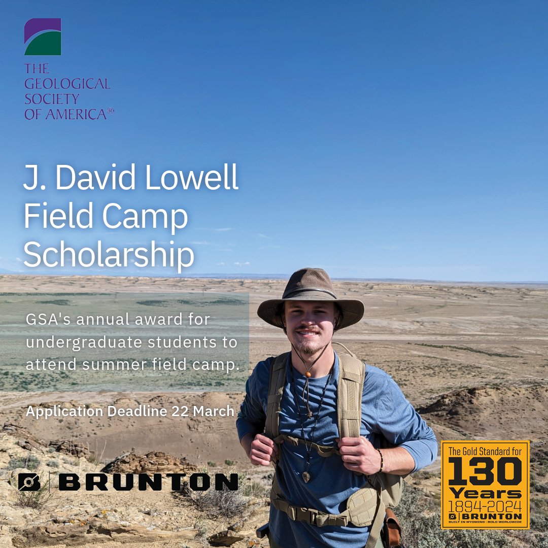 The J. David Lowell Field Camp Scholarship provides students with $2,000 each to attend the field camp of their choice based on diversity, financial need &amp; merit. Apply by 22 March: bit.ly/3wSitb5 
You must be a GSA Member to apply: bit.ly/45SakiE
#FieldCamp