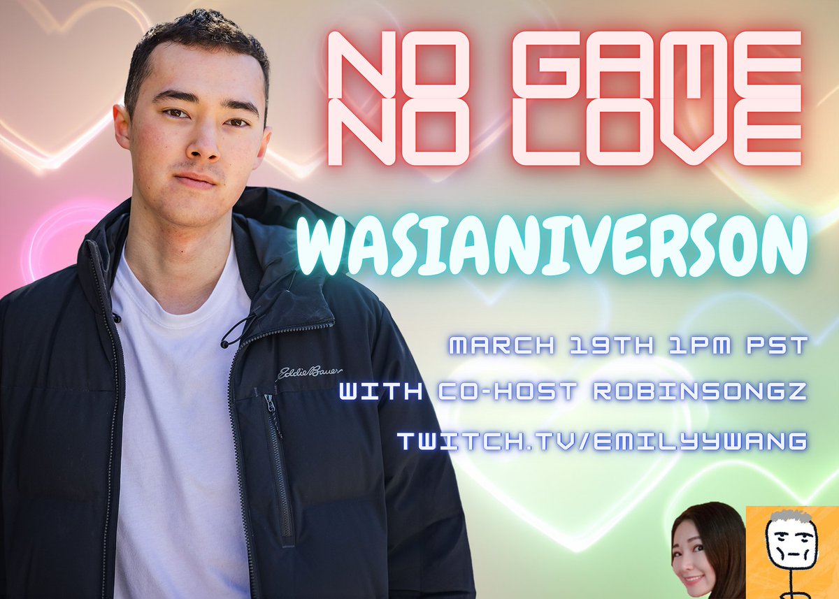 Emily (@emilyywng) on Twitter photo I'm excited to announce that we'll be hosting a dating show for <a href="/wasianiverson/">Wasianiverson</a>!
No game no love will be co-hosted by me and <a href="/robinsongz/">robinsongz</a> and will feature 8 amazing contestants and surprise guests
-TUNE IN MARCH 19TH @ 1 PM PST
LADIES 18-24 APPLY HERE: forms.gle/7FFLK5n9nc9Q6N… I'm excited to announce that we'll be hosting a dating show for <a href="/wasianiverson/">Wasianiverson</a>!
No game no love will be co-hosted by me and <a href="/robinsongz/">robinsongz</a> and will feature 8 amazing contestants and surprise guests
-TUNE IN MARCH 19TH @ 1 PM PST
LADIES 18-24 APPLY HERE: forms.gle/7FFLK5n9nc9Q6N…