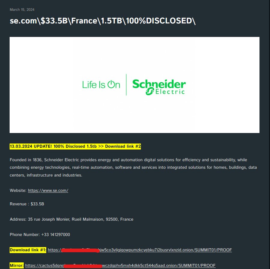 Schneider Electric'e ait 1.6 TB Data leak edildi. Cactus APT grubu daha önce kuruma sızdığını söylemişti. Fidye ödenmediği için Dataları leak ettiler. @habib_karatas

#SiberGüvenlik #leaked #threatintelligence #cybersecurity