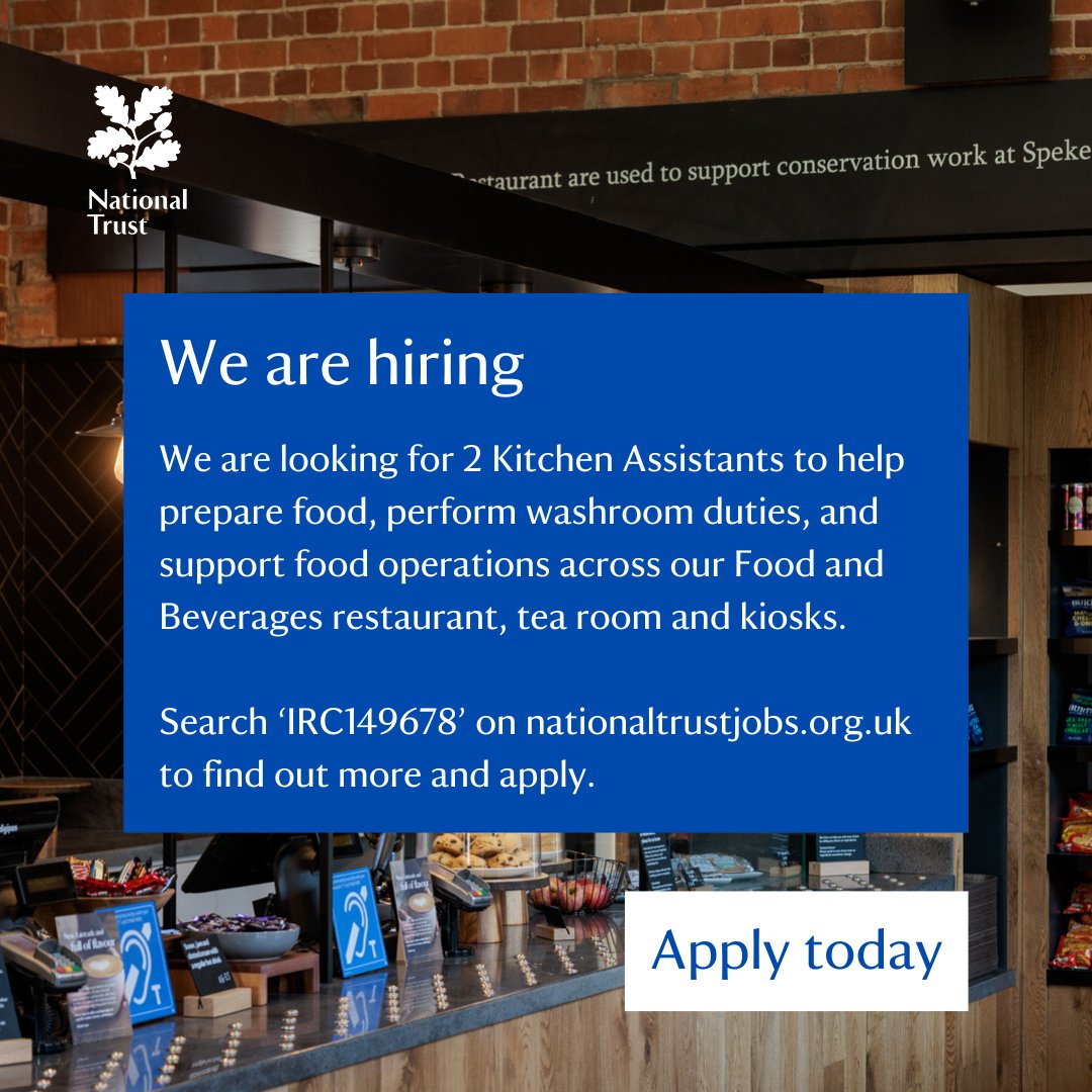 Would you like to work at Speke Hall? We're looking for two Kitchen Assistants to join our passionate Food and beverages team. bit.ly/SpekeKitchenAs… Application deadline: 24 March. #SpekeHall #NationalTrust #NationalTrustJobs #SpekeHallJobs #LiverpoolJobs #FoodAndBeverageJobs