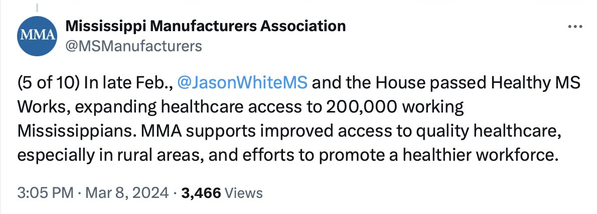 Thank you to @MSManufacturers and @MECStateChamber for your public support of the Legislature’s effort to address access to healthcare for working Mississippians. Business leaders across the state understand the importance of a healthy workforce to improve our economy and create