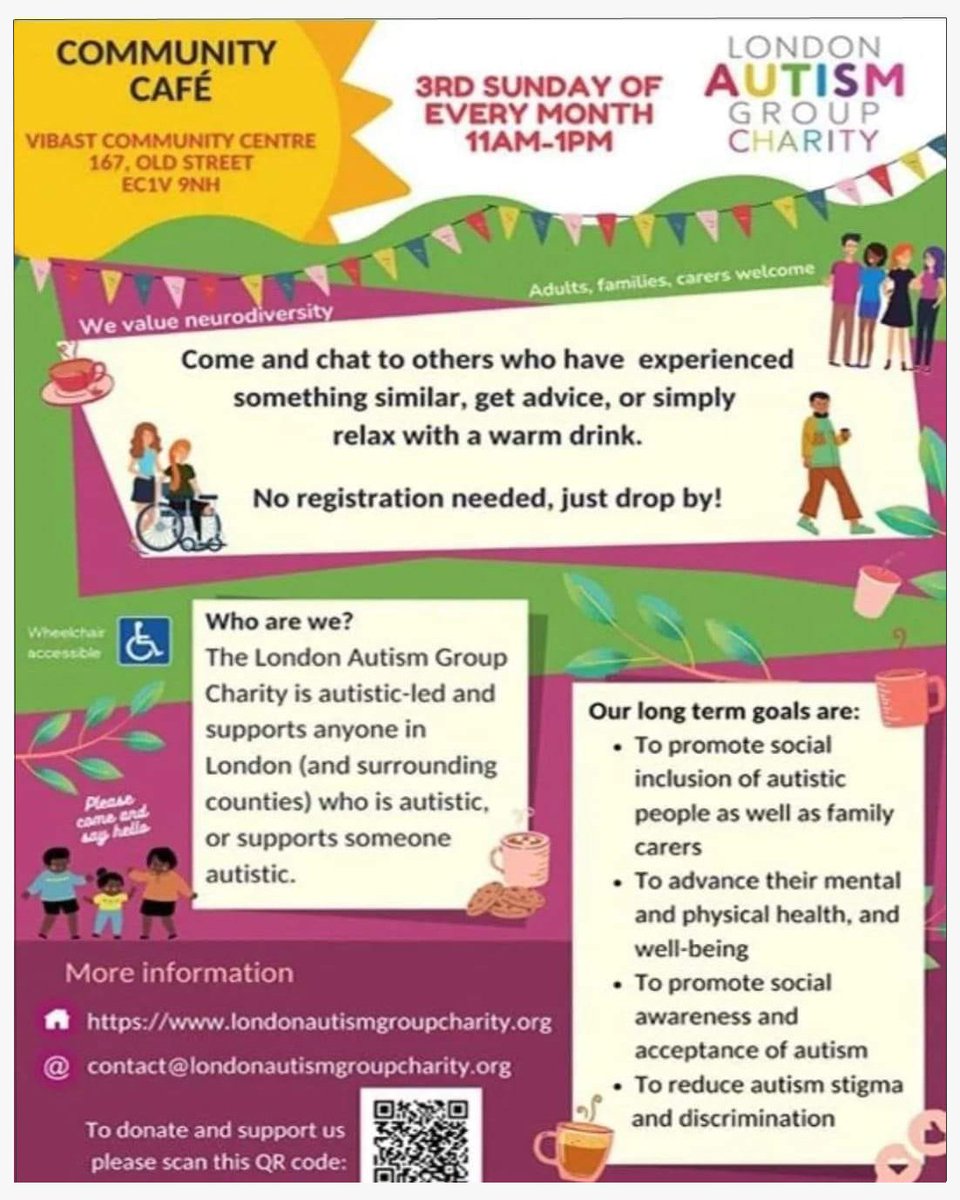 Sunday 17th March, we have our Old Street Community Café drop-in, between 11am and 1pm.

This will be held at the Vibast Community Centre, 167 Old Street, Islington, London EC1V 9NH.

The entire Autistic Community is welcome. No registration or diagnosis necessary.
See you there!