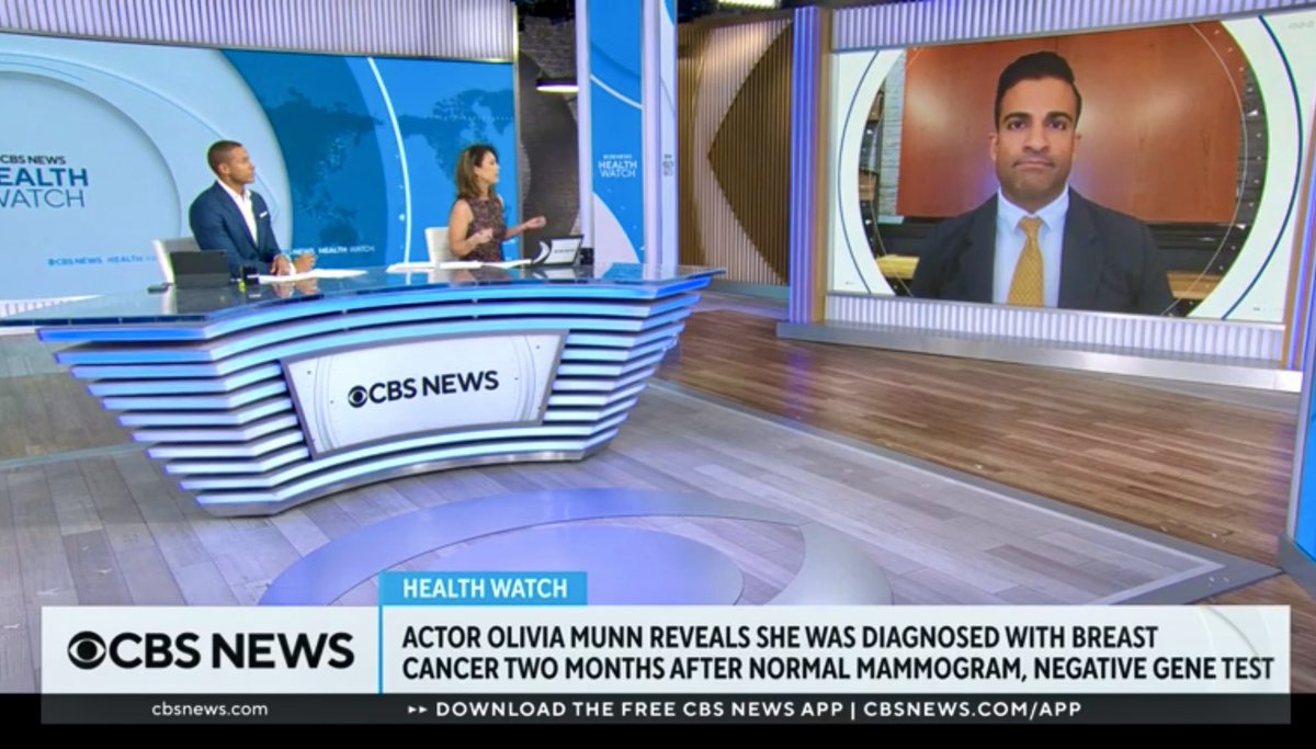 Grateful to actress Olivia Munn for using her platform to raise awareness about breast cancer screening, particularly in younger women. I discuss screening tools, imaging, and risk factors with @CBSNews, available to watch here: cbsnews.com/video/doctor-e… @MSKCancerCenter