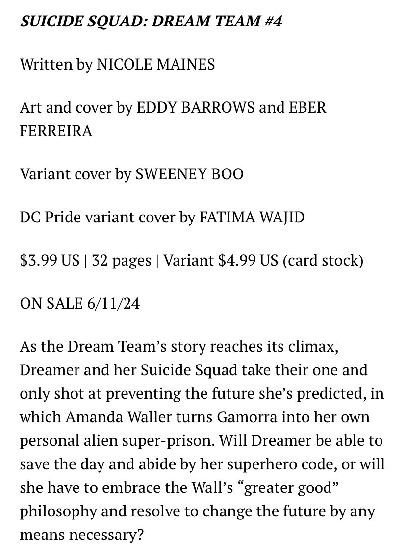 📰 | DC June solicits dropped!!

Suicide Squad: Dream Team # 4 

On sale 6/11/24!

- synopsis &amp; covers below ⬇️