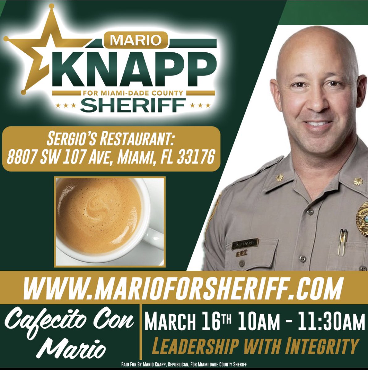 Join me for Q&A and coffee tomorrow between 10-11:30am at Sergio’s in kendall. #Miami #MDPD #MarioForSheriff
