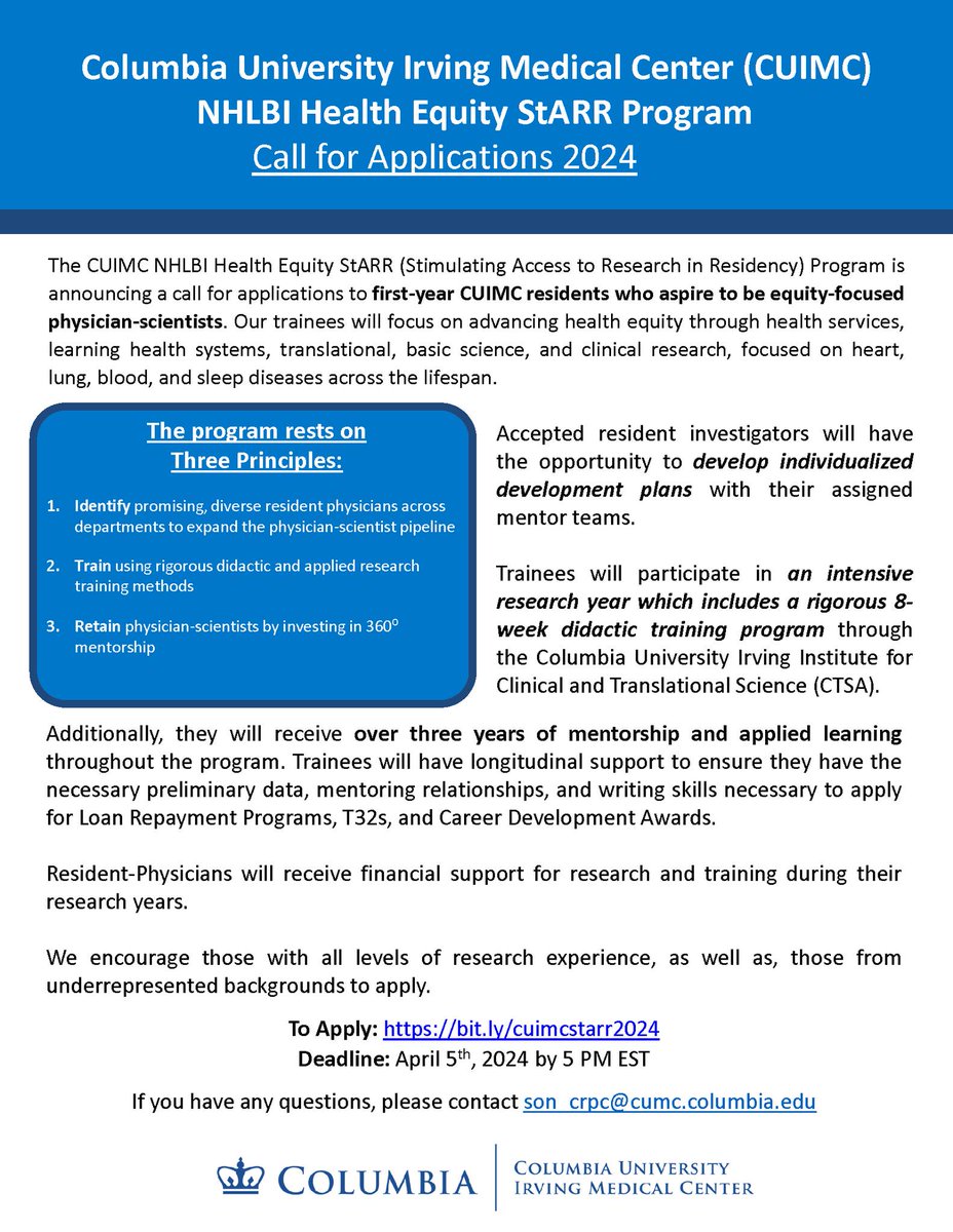 We are thrilled to announce that applications are now open for the CUIMC NHLBI Health Equity StARR Program!! Please see below for more details. Apply now & please spread the word! bit.ly/cuimcstarr2024 @ColumbiaPS @ColumbiaFaculty @Columbia @DaichiShimbo