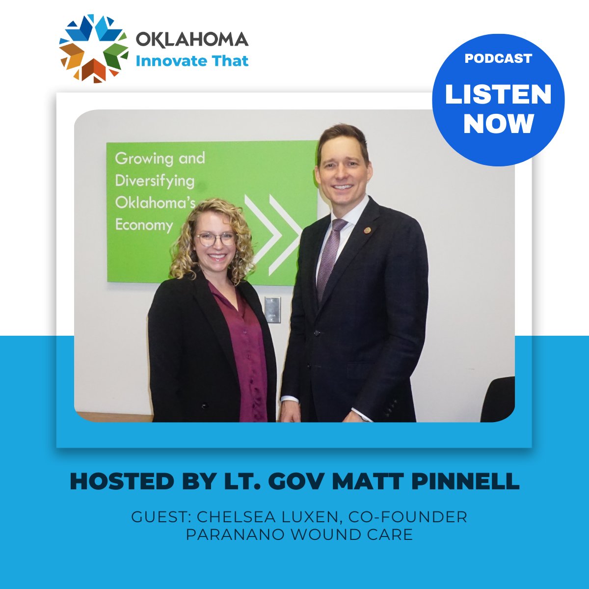 Listen to latest Podcast featuring ParaNano, revolutionizing wound care with smart bandage technology. Join @LtGovPinnell as he speaks with Chelsea Luxen, Co-Founder of ParaNano Wound Care, LLC, hear about wound management and infection detection. innovatethat.podbean.com/e/paranano-wou…