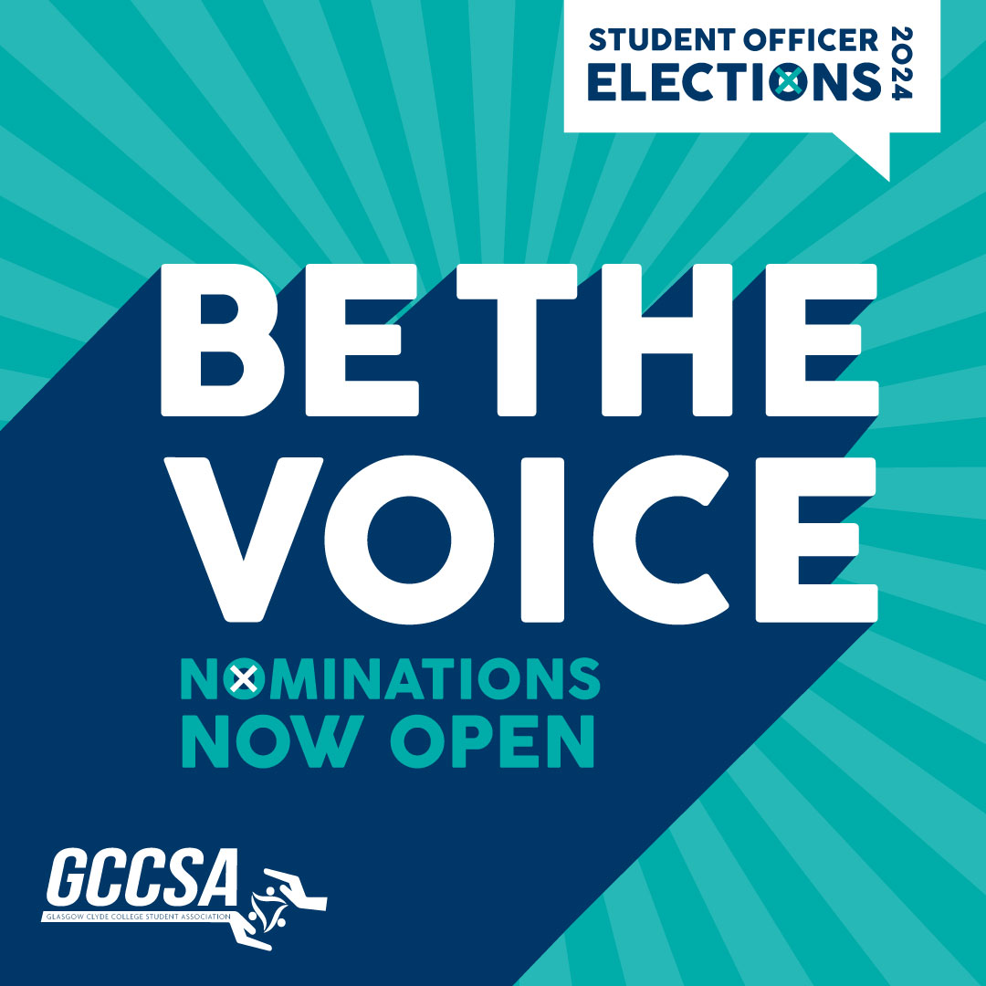 Could you be the big voice our students need? 

Don't forget, nominations are open for
@OfficialGCCSA's Student Officer elections🛎️ 

Nominate yourself today 👉 bit.ly/3Phy4Y7 #GCCSA #StudentOfficerElections24 #GlasgowClydeCollege