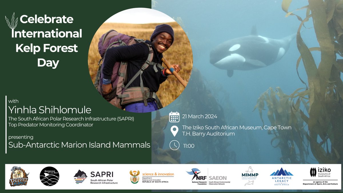 International Kelp Forest Day will be celebrated on 21 March at the @Iziko_Museums in Cape Town. Join us for a captivating presentation by Yinhla Shihlomule, the SAPRI Top Predator Monitoring Coordinator. Date: 21 March Time: 11:00 (Museum open at 9:00) Entry: FREE #LTOLand