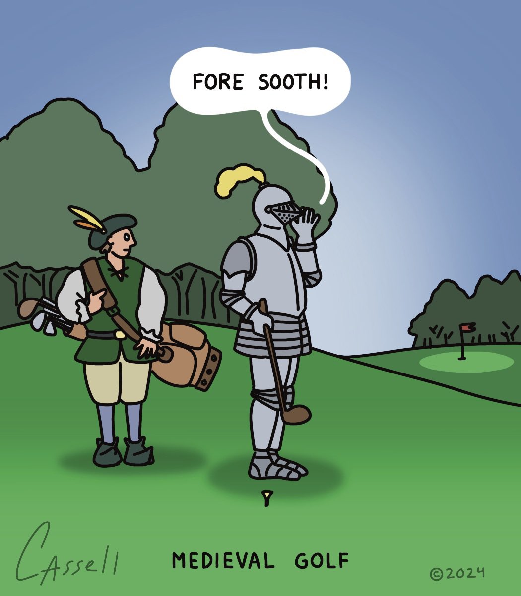 CassellComics's tweet photo. Squire a number 5 iron please. Follow for more and visit https://t.co/j1zdCWZoSu  #comics #comic #comicstrip #comicstrips #webcomic #webcomics #instacomics #comicsofinstragram #cassellcoimcs #medieval #knight #golf #fore #forsooth https://t.co/vjK7VIeZvB