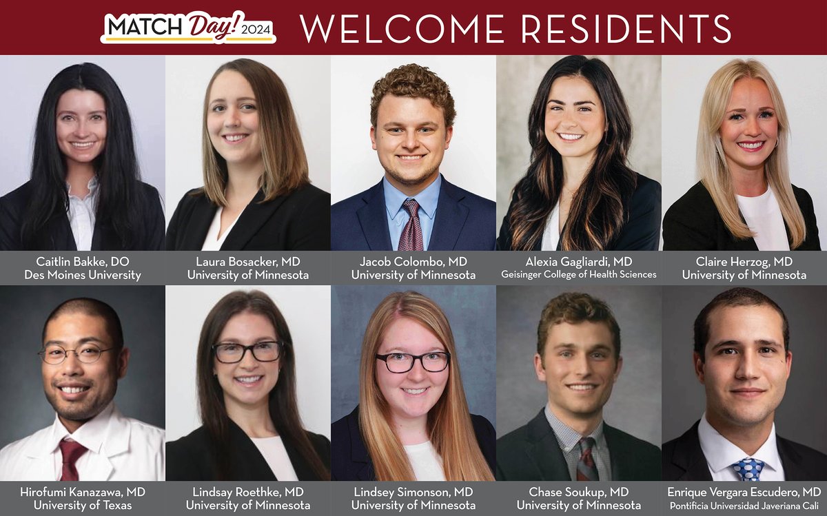 We're thrilled to welcome our 10 new residents to the University of Minnesota and the Twin Cities! Congratulations!!

#UMNmatchDay2024 | #MatchDay2024