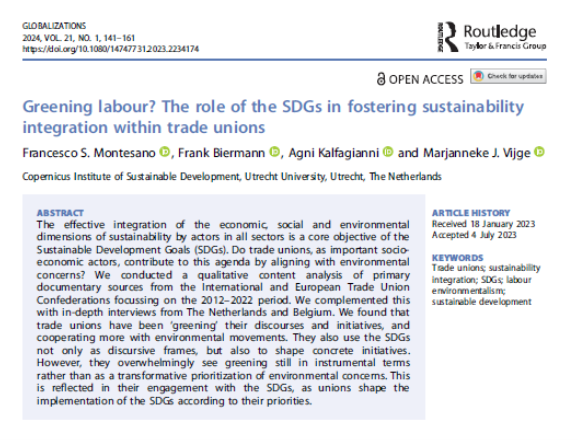 Our paper on 'Greening Labour? The Role of the #SDGs in Fostering Sustainability Integration within #Trade Unions' is now fully published and open access. Check it out at: doi.org/10.1080/147477…