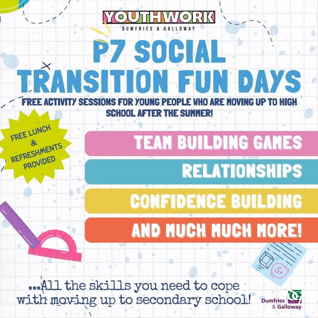 📣📣 Breaking News 📣📣

We are excited to announce the return of our Primary Seven Social Transition Fun Days taking place across the region during the Easter Holidays! ☀️

If you are heading up to High School after the Summer then these sessions are for YOU!!