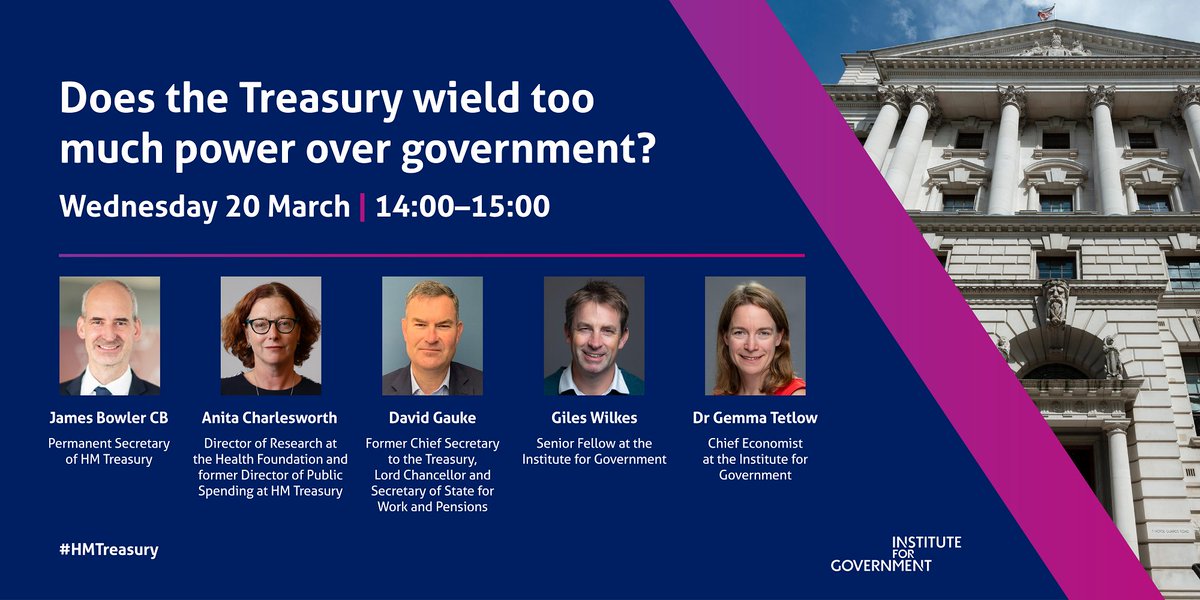 TODAY: The Treasury is perhaps the most powerful department in Whitehall. But does it have too much influence over government policy? Don't miss our event at 14:00 with Treasury Permanent Secretary James Bowler, Anita Charlesworth, @DavidGauke @Gilesyb instituteforgovernment.org.uk/event/treasury…