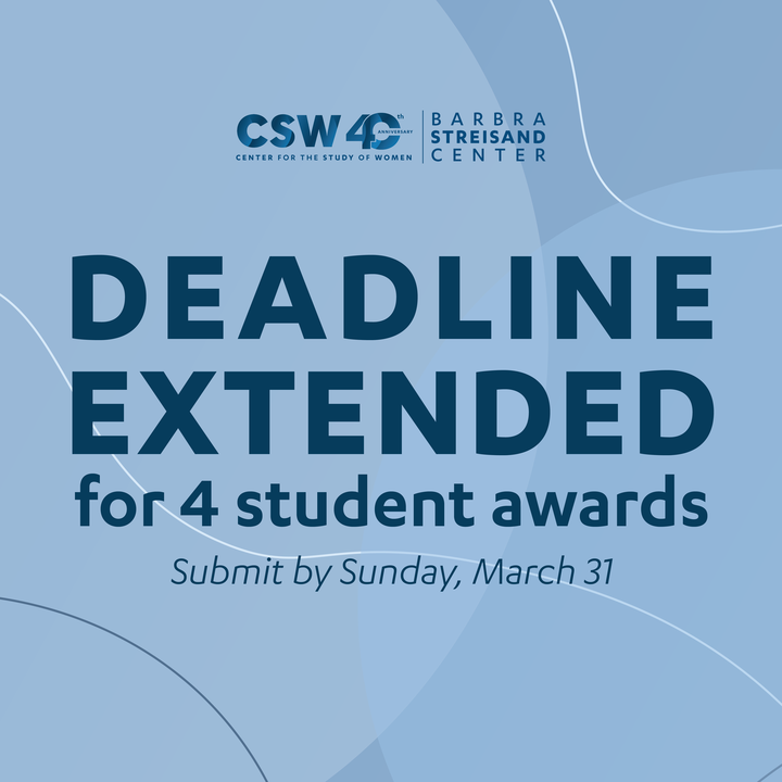 Don't miss out! The deadline for 4 student awards has been extended to Sunday, March 31. If you're a UCLA student passionate about feminist issues, activism, and social justice, apply for these funding opportunities csw.ucla.edu/2024/03/14/stu…