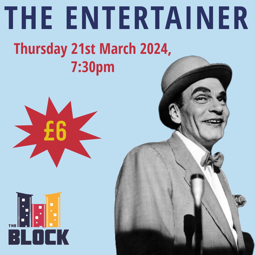 Join us on Thursday for The Entertainer. Archie Rice, an old-time British music hall performer sinking into final defeat, schemes to stay in show business 🎬 Tickets can be purchased online or on the door 🎟️ Refreshments included🍿
