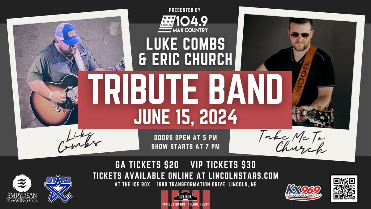 Summer entertainment is coming to the Ice Box! Don't miss a tribute band performance honoring Luke Combs and Eric Church as Like Combs and Take Me to Church come to Lincoln on Friday, June 15! 

Tickets are now available for purchase at lincolnstars.com.