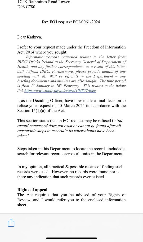 The lobbying returns say the Sec Gen of DoH met with IBEC Drinks Industry on regulation.. but no records exist. We see some of the emails… but no other records exist. This is worrying there’s no transparency on industry meeting health leaders on policy  #CDoH