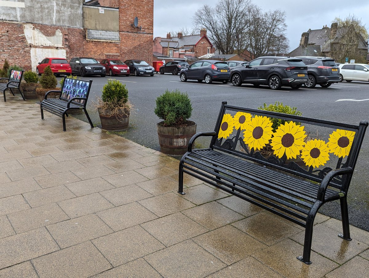 soult's tweet photo. I've no idea who we have to thank for them, but I do like these lovely new benches opposite the Post Office on #ChesterleStreet Front Street. Practical and cheery! https://t.co/yzXPWOQN9g