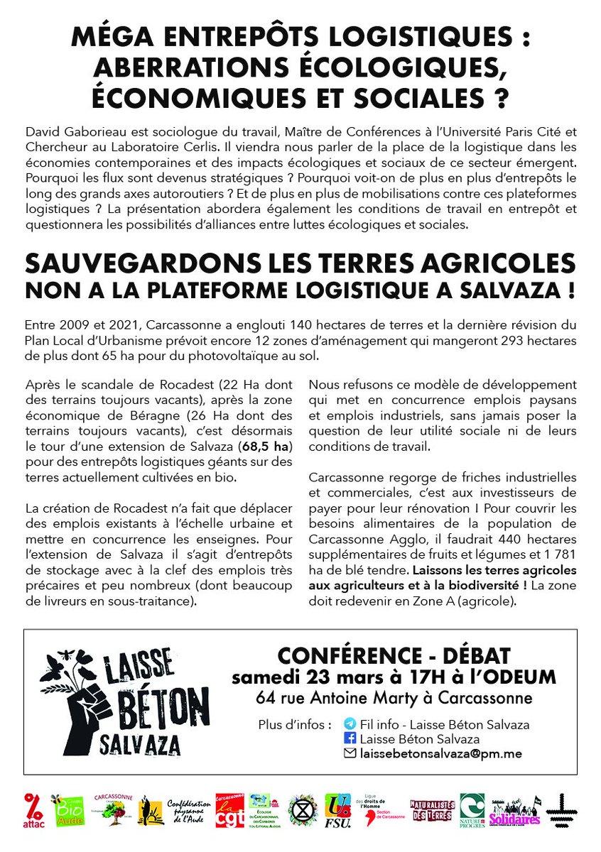 Conférence de presse du collectif Laisse béton Salvaza le 19/03 à 11h à Carcassonne (à la Borieta). <a href="/Carca_lindep/">L'Indep Carcassonne</a> <a href="/tvcarcassonne/">TV Carcassonne</a> <a href="/Reporterre/">Reporterre 🌍 | Le média de l'écologie</a> <a href="/bastamedia_/">Basta!</a> <a href="/afpfr/">Agence France-Presse</a> @bleuoccitanie <a href="/franceinfo/">franceinfo</a> <a href="/franceinter/">France Inter</a> <a href="/F3OccitanieLR/">France 3 Occitanie</a> <a href="/LPA_11/">Le Petit Agenda 11</a> @LesAmisdelaConf <a href="/ConfPaysanne/">Conf' Paysanne</a>