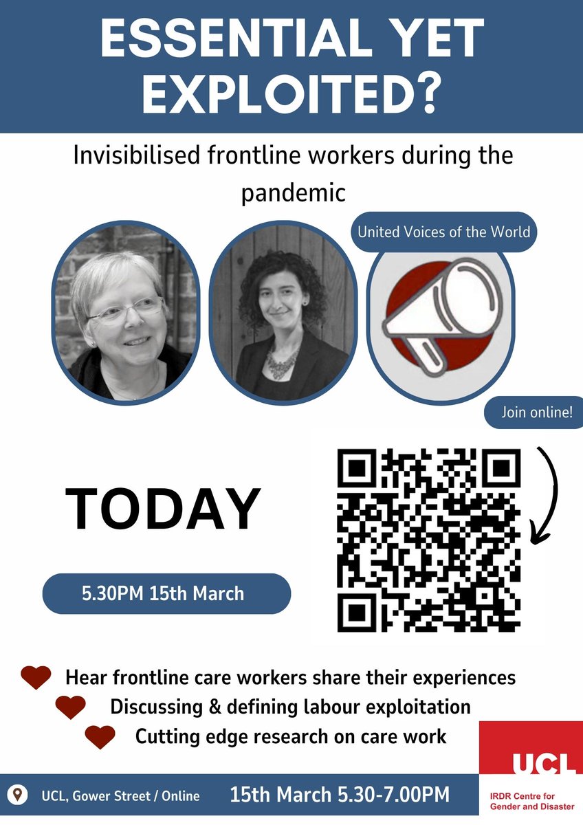 30 minutes to go! 🚨Essential yet exploited? Invisibilised frontline workers during the pandemic 🚨 It's not too late to join us online: ucl.zoom.us/webinar/regist…