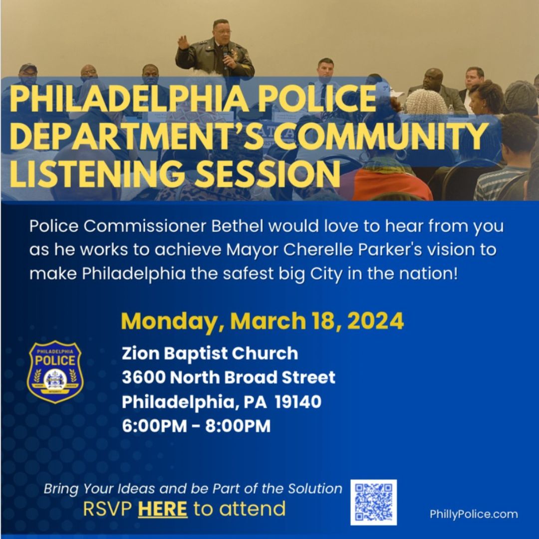 Attention Philly residents! Join Police Commissioner Kevin Bethel for a #communitylisteningsession on Mon Mar. 18th at 6pm. YOUR voice matters in creating a #safePhilly. Let’s help @phillymayor & #ACHIEVEability vision come to life. Scan the QR code to RSVP now. See you there!