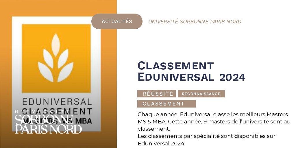 Chaque année, Eduniversal classe les meilleurs Masters MS & MBA.  L'université a neuf masters de nouveau primés dans le classement Eduniversal des meilleurs masters 2024. Les détails du classement sont disponibles ici : 👇 univ-spn.fr/classement-edu…