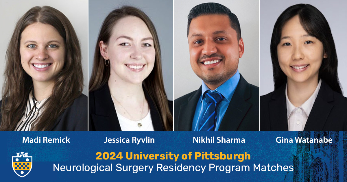 Congratulations to Madi Remick, Jessica Ryvlin, Nikhil Sharma and Gina Watanabe who have matched into the University of Pittsburgh Department of Neurological Surgery residency program. Welcome aboard! @pittnsgy @UPMC @PittTweet