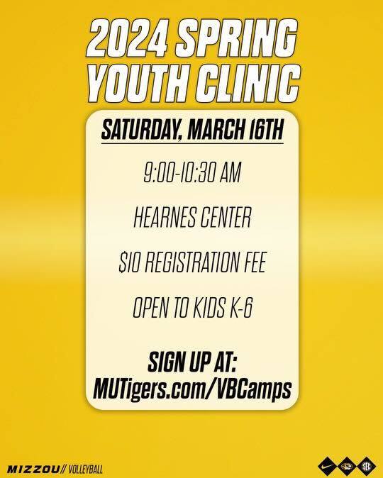 Our Youth Clinic is tomorrow morning at Hearnes!!! Start your Saturday with the Tigers!! 🔗: bit.ly/3uvrbuW #MIZ 🐯🏐