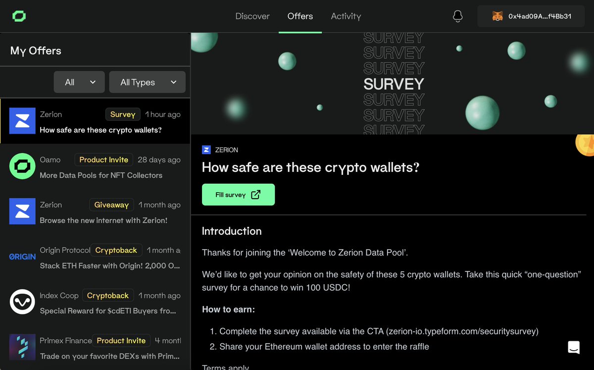 Attention participants of the Welcome to <a href="/zerion/">Zerion</a> pool. 🚀 

Head back to Oamo and check your offers tab for something exciting. Zerion's got a new offer lined up just for you—a quick 'one-question' survey with a chance to win 100 USDC! 

Don't miss out.