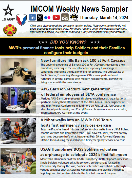 Be sure to keep up with the latest news at our Army garrisons by reading our Weekly News Sampler! spr.ly/6014kZFlk Also, find out how MWR’s personal finance tools help Soldiers and their Families configure their budgets. We Are The #ArmysHome #PeopleFirst