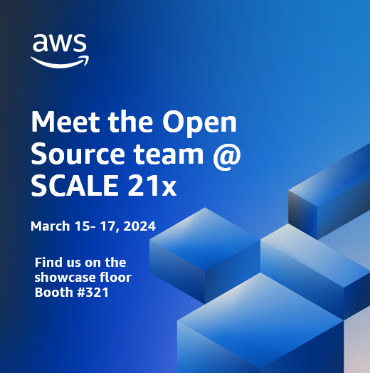 We're here at SCALE 21x, in Pasadena, CA, March 15-17! Find the @awscloud Open Source team at booth 321 from 2-5:30 today. Games, demos and giveaways. We look forward to connecting with each of you.