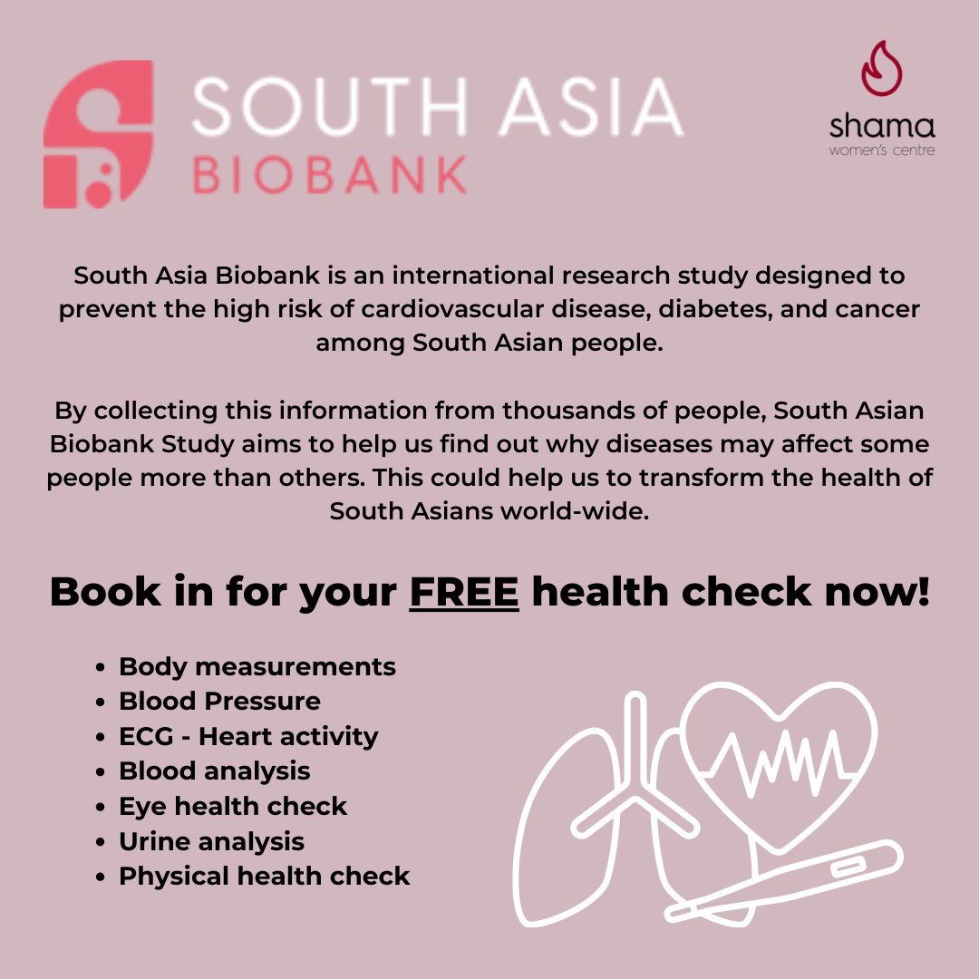 shamacentre's tweet photo. If your ethnicity is Indian, Pakistani, Bangladeshi or Sri Lankan then book into your free, yes FREE, health check now. You will get a full report back with your results and be able to take part in critical research.

Book now - https://t.co/j1Le86kQv2 https://t.co/ypPc0AVQvM