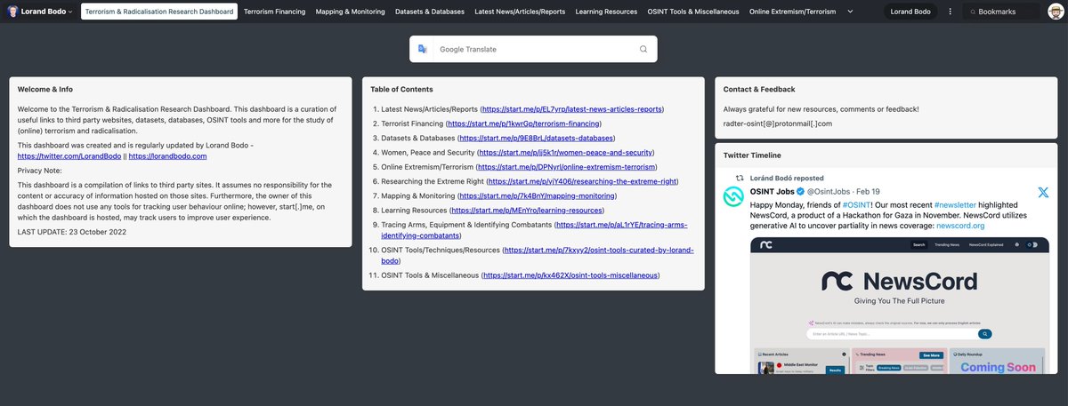 Discover insights into (online) terrorism and radicalization with our Research Dashboard! Curated by Lorand Bodo, it's your essential resource for links, datasets, databases, and OSINT tools. Dive into your research today! #TerrorismResearch start.me/p/OmExgb/terro…