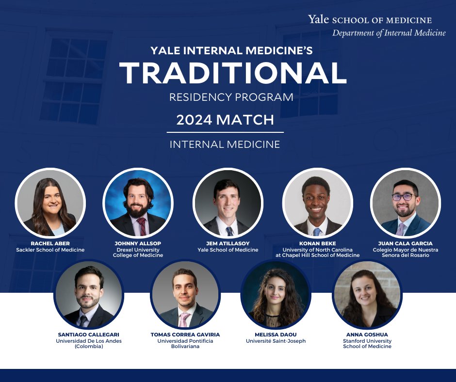 Congratulations to the newly matched residents in our Internal Medicine Traditional Residency Program! Welcome to @YaleMed @Yale @YNHH! 🧵 #MatchDay2024 #Residency #MedTwitter #Match2024 @MarkDSiegel1 @TradIMYale