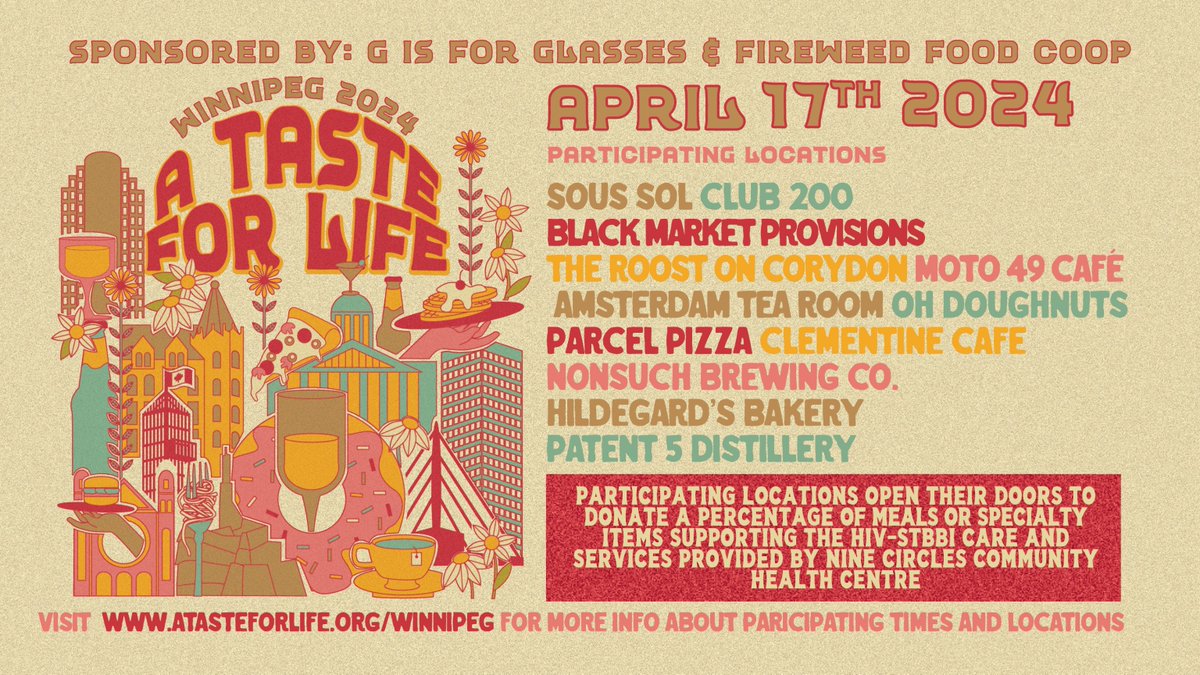 A Taste for Life returns to Winnipeg on Wednesday, April 17th 📢 Dine out to support HIV-STBBI care at Nine Circles! 👀FULL EVENT DETAILS: ATASTEFORLIFE.ORG/WINNIPEG 🎗️MAKE A DIFFERENCE: NINECIRCLES.CA/DONATE #ATFLWPG2024