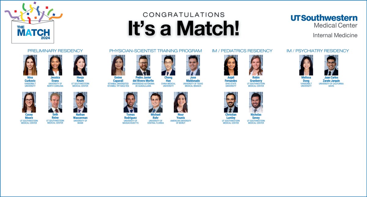 Join us in congratulating the talented individuals who have matched to our residency training programs! We're eager to welcome them! @UTSWNews @UTSWIMchief #thematch