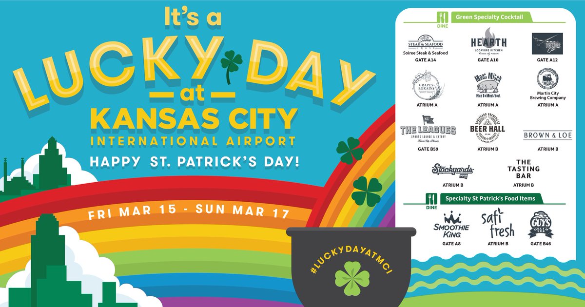 Feeling lucky? If you're passing through Kansas City International Airport March 15th - 17th , don't miss out on our St. Patrick's themed concessions features! Swing by and add a little luck to your journey!