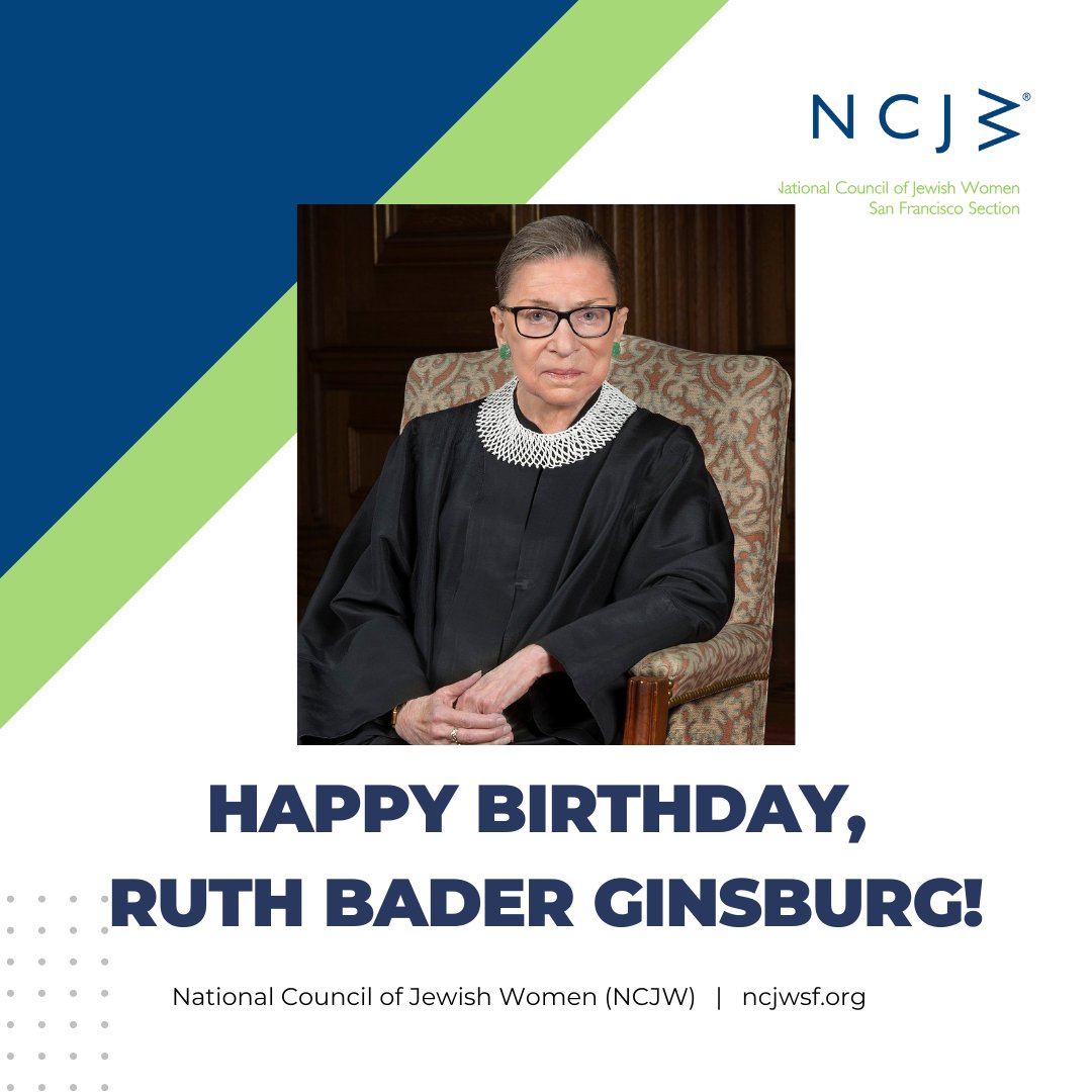 NCJW_SF's tweet photo. HBD, RBG! The first Jewish woman (and second woman) on the Supreme Court, RBG became a cultural icon to countless women &amp; social justice advocates. Before becoming a Justice, she founded the ACLU's Women's Rights Project, among numerous other achievements. (via jwa) https://t.co/rhQtxmTPcR