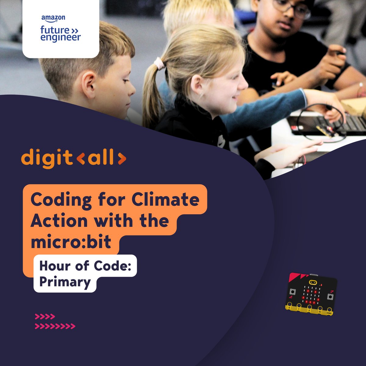 Empower young minds with our 'Hour of Code' resource! This 1-hour session features all 6 lessons from #CodingForClimateAction, guiding students to explore the Early Warning System using micro:bits. Access the session & more C4CA resources here amazonfutureengineer.co.uk/c4ca