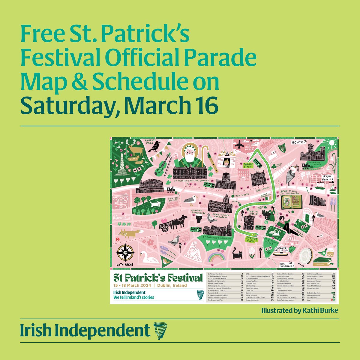 stpatricksfest's tweet photo. Pick up your free St. Patrick’s Festival Official Parade Map beautifully illustrated by Kathi Burke in the Irish Independent on Saturday, March 16! ☘ @Independent_ie 

#stpatricksfestival #SPF24 https://t.co/xbg91Ov5Mv