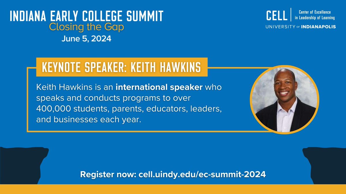 We're thrilled to have Keith Hawkins as the keynote speaker for the 2024 #INEarlyCollegeSummit. Keith has an incredible story of how education and leadership helped him overcome life challenges. Early bird registration is open through April 15! Register: cell.uindy.edu/ec-summit-2024