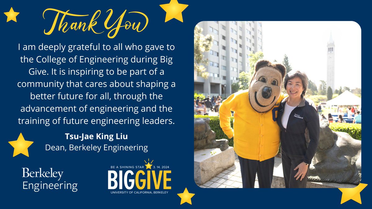 'I am deeply grateful to all who gave to the College of Engineering during Big Give. It is inspiring to be part of a community that cares about shaping a better future for all.' —Dean Tsu-Jae King Liu A huge thanks to everyone who supported us during Big Give! Go Bears 💙 💛 🐻
