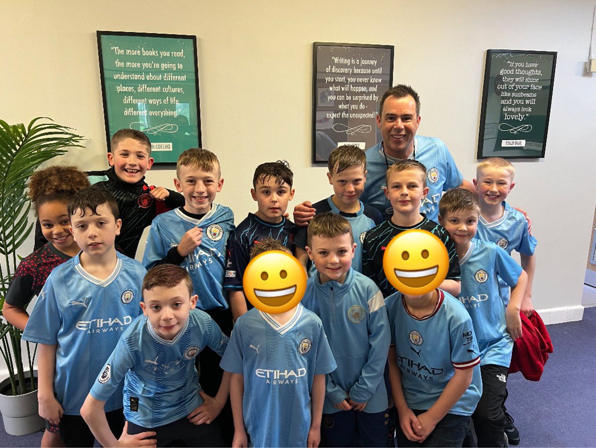 A wonderful #RedNoseDay @AthelstanPS today, having a red non uniform day. A slight variation in the rules to: ‘wear red or @ManCity shirt’ so these children and myself were very happy 😂⚽️🔴🔵